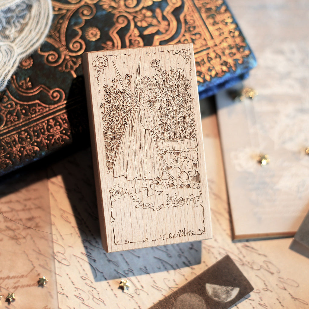 Vintage Garden Fairy Wooden Rubber Stamp – Floral Ex Libris Stamp for Junk Journaling & Scrapbooking