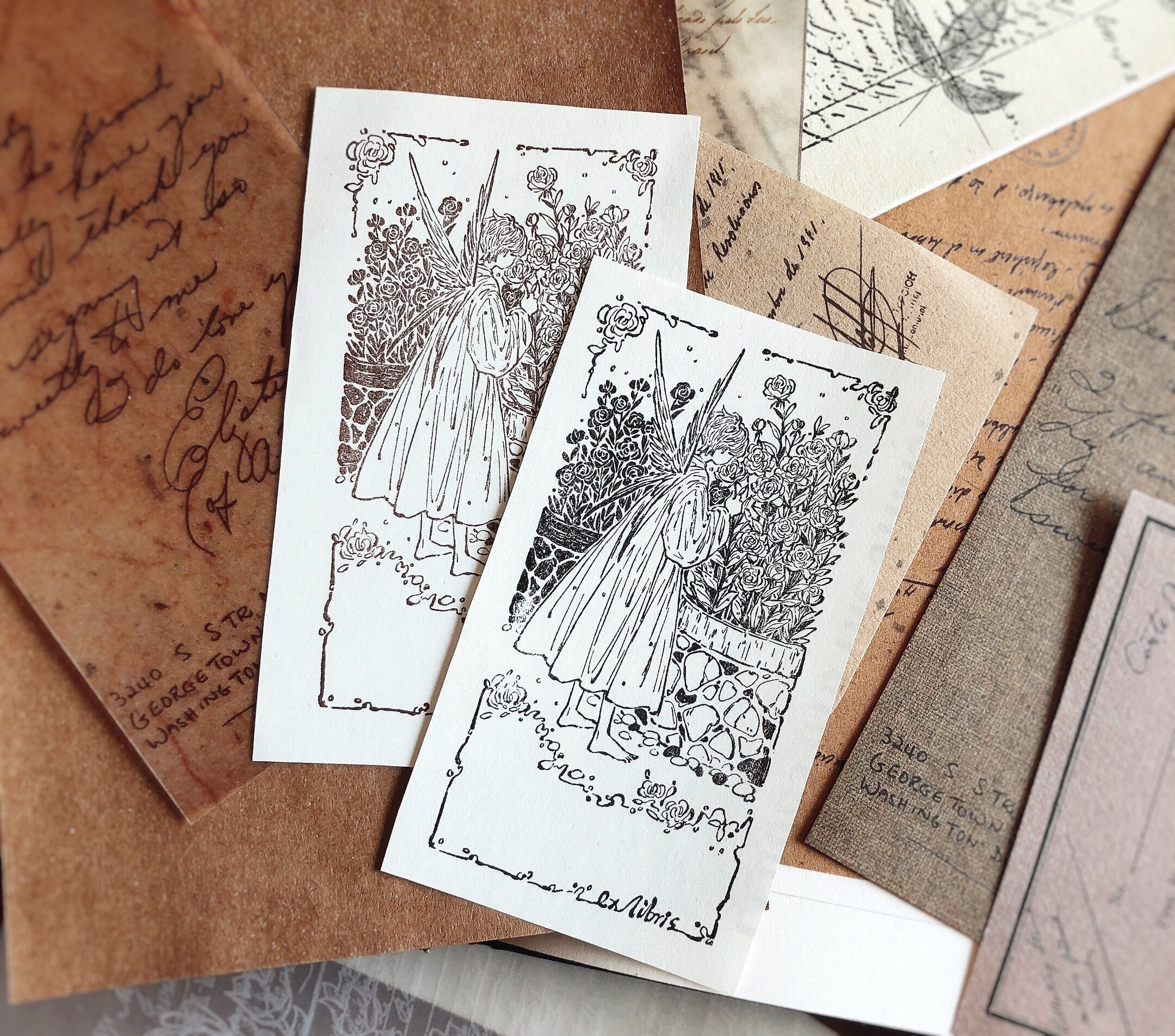 Vintage Garden Fairy Wooden Rubber Stamp – Floral Ex Libris Stamp for Junk Journaling & Scrapbooking