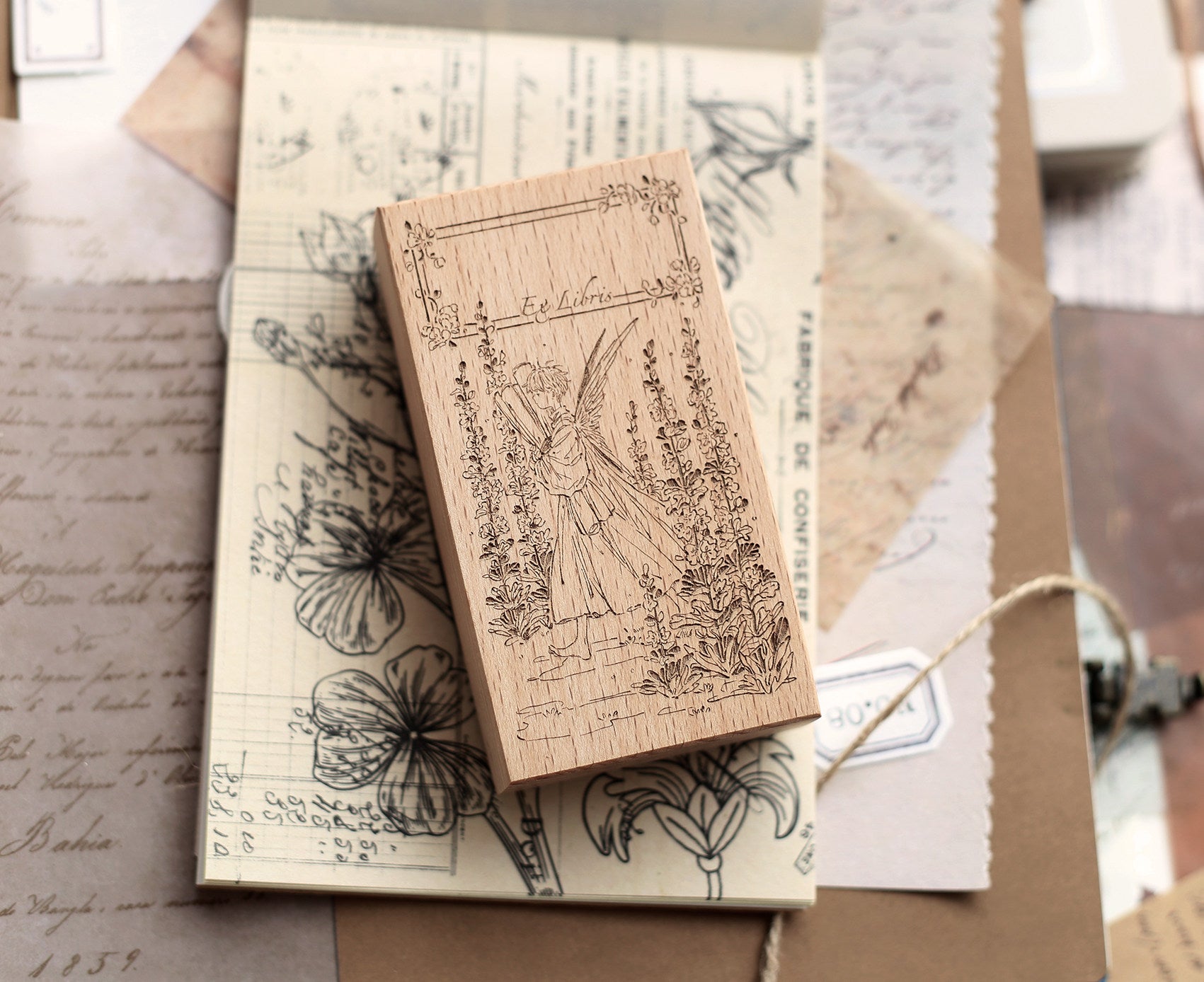 Vintage Garden Fairy Wooden Rubber Stamp – Floral Ex Libris Stamp for Junk Journaling & Scrapbooking