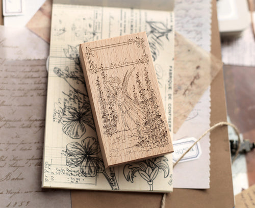 Vintage Garden Fairy Wooden Rubber Stamp – Floral Ex Libris Stamp for Junk Journaling & Scrapbooking