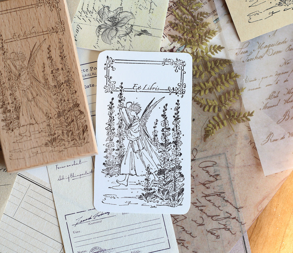 Vintage Garden Fairy Wooden Rubber Stamp – Floral Ex Libris Stamp for Junk Journaling & Scrapbooking
