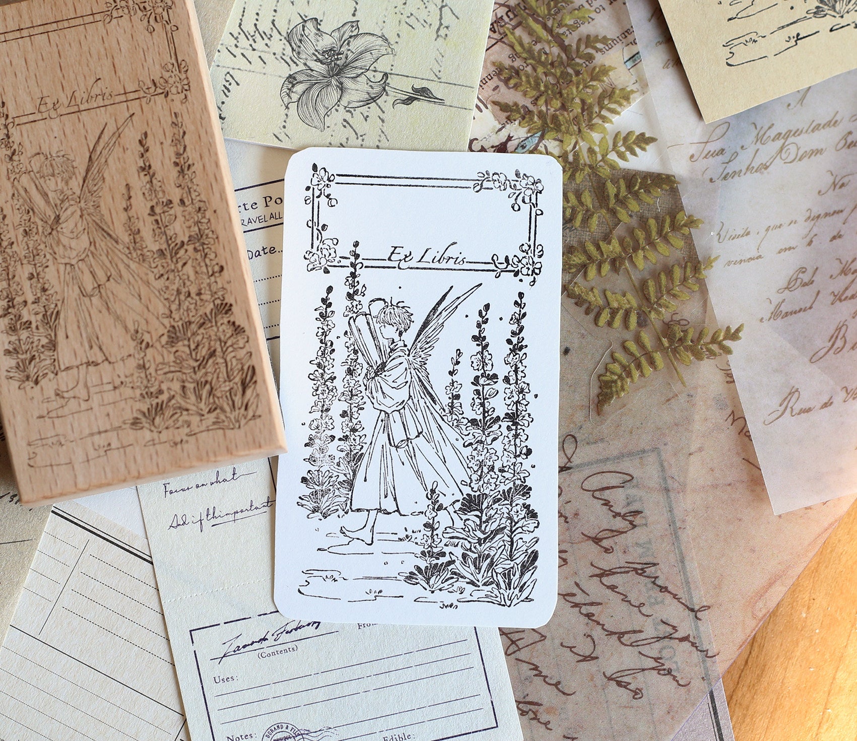 Vintage Garden Fairy Wooden Rubber Stamp – Floral Ex Libris Stamp for Junk Journaling & Scrapbooking
