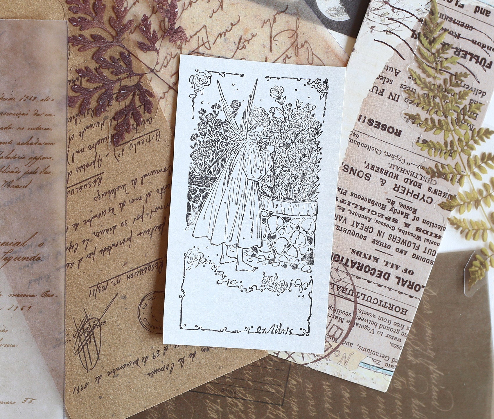Vintage Garden Fairy Wooden Rubber Stamp – Floral Ex Libris Stamp for Junk Journaling & Scrapbooking