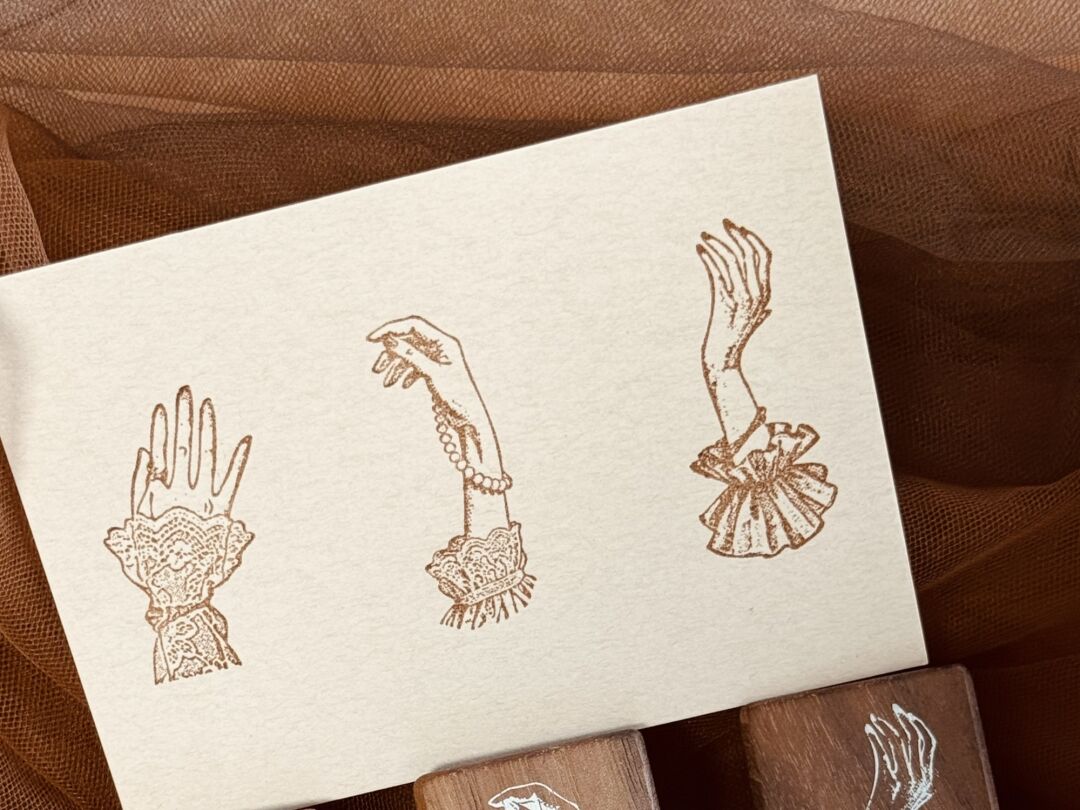Vintage Elegant Hands Wooden Rubber Stamp Set of 3 – Lace Cuff Stamps for Junk Journaling, Scrapbooking & Card Making
