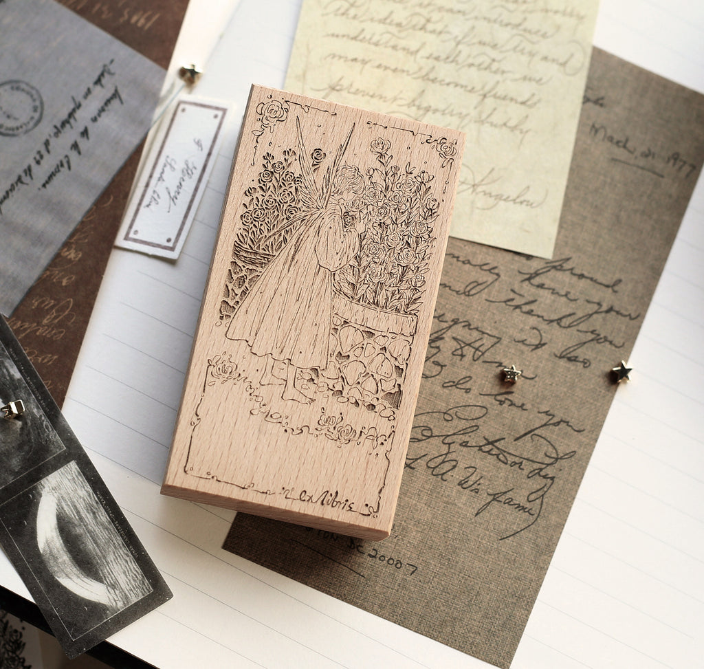 Vintage Garden Fairy Wooden Rubber Stamp – Floral Ex Libris Stamp for Junk Journaling & Scrapbooking