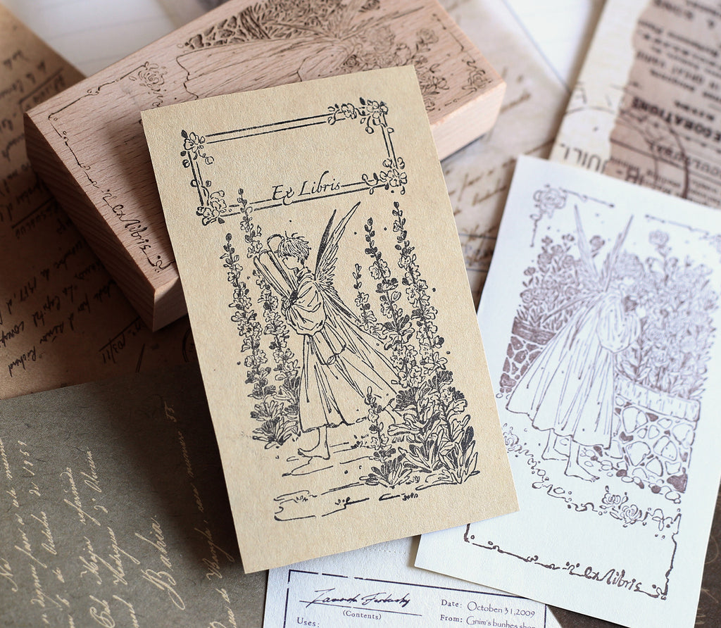 Vintage Garden Fairy Wooden Rubber Stamp – Floral Ex Libris Stamp for Junk Journaling & Scrapbooking