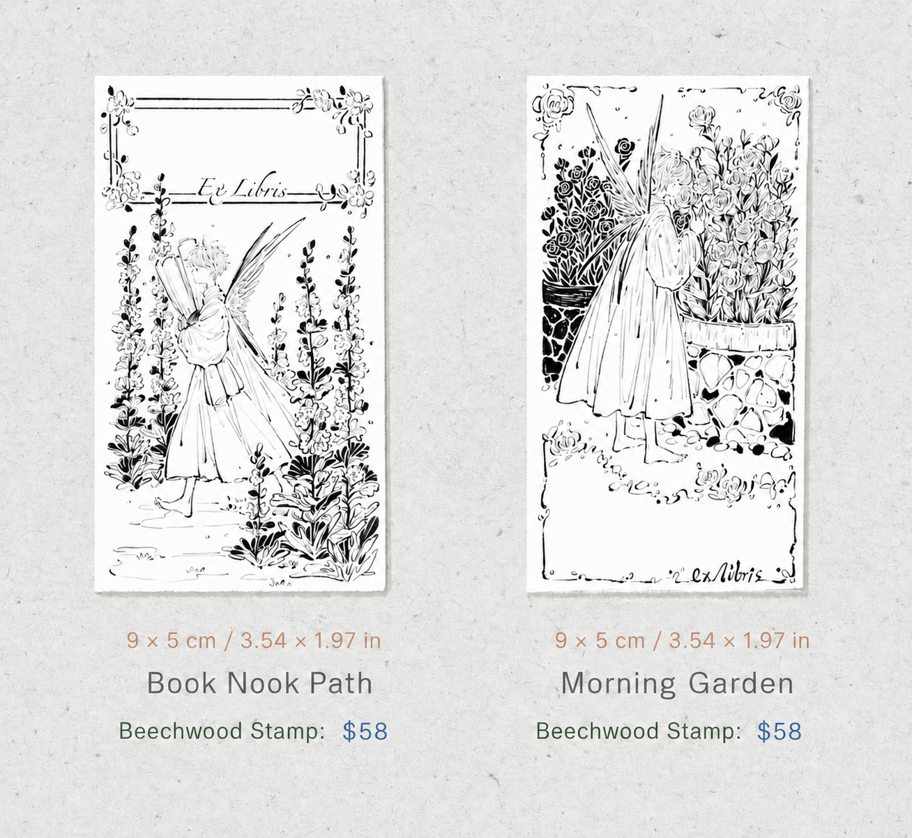Vintage Garden Fairy Wooden Rubber Stamp – Floral Ex Libris Stamp for Junk Journaling & Scrapbooking