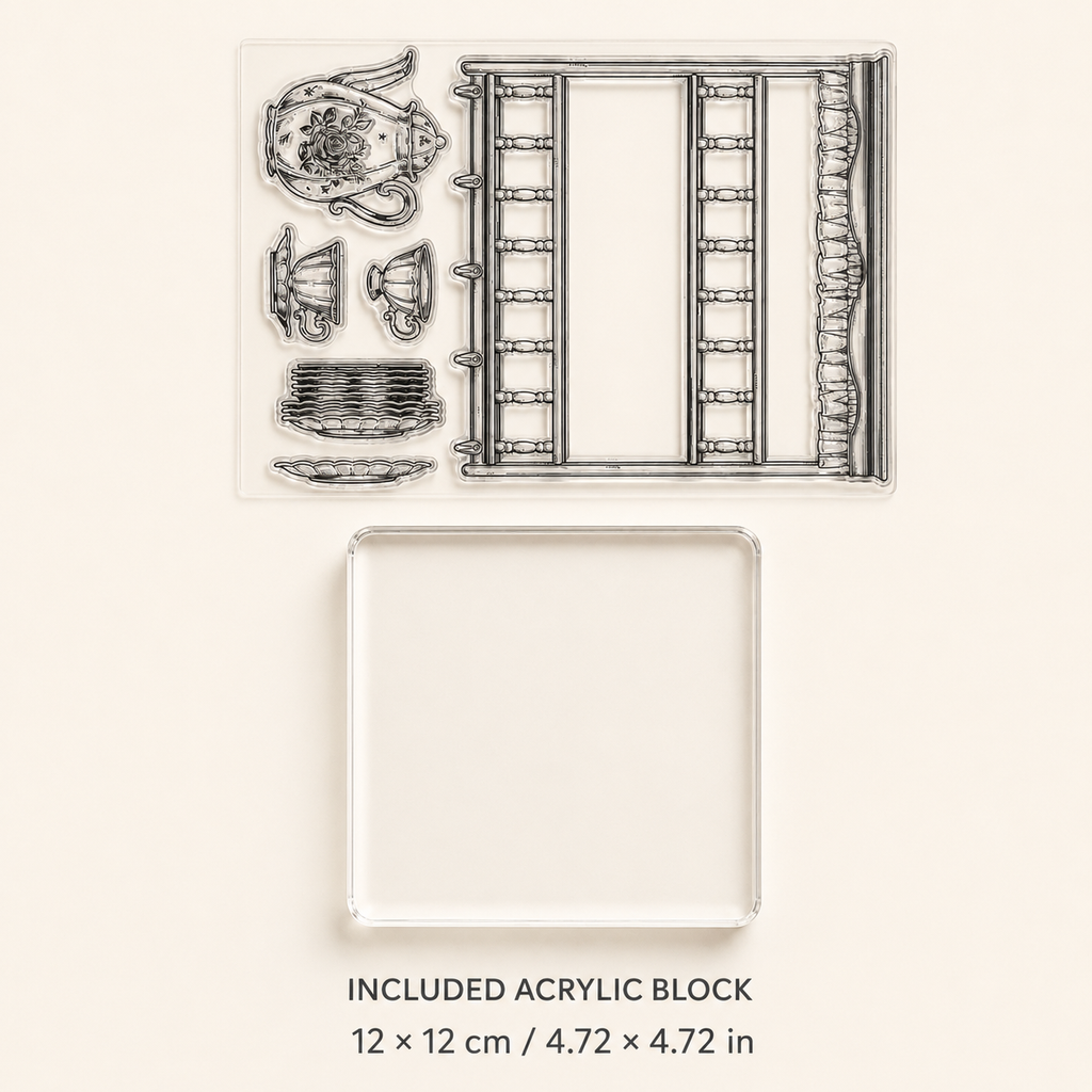 The Vintage Tea Room – Clear Silicone Stamp Sets with Acrylic Block for Junk Journaling, Scrapbooking & Card Making
