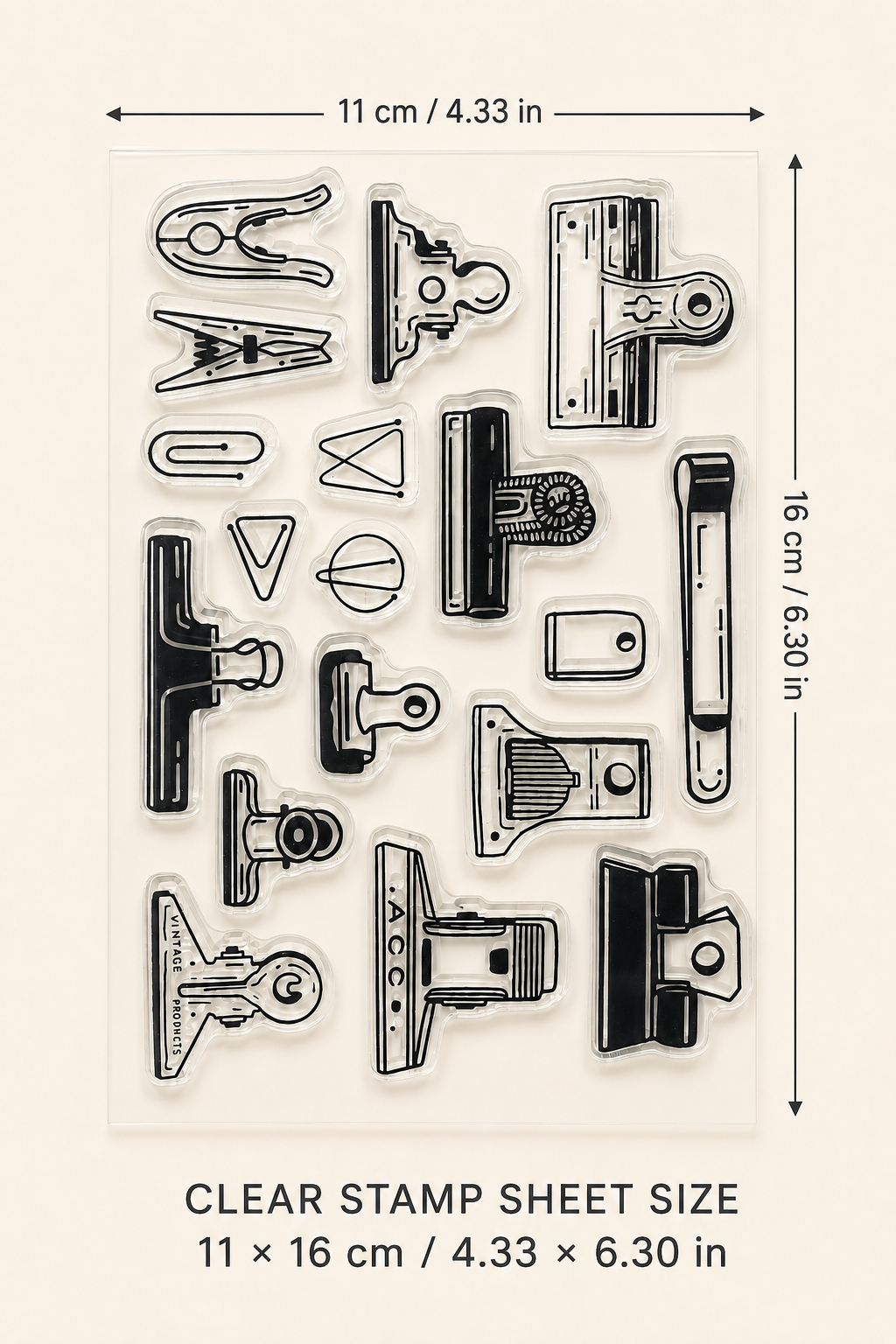The Stationery Archive – Vintage Clips & Office Supplies Clear Stamp Sets with Acrylic Block for Journaling and Scrapbooking
